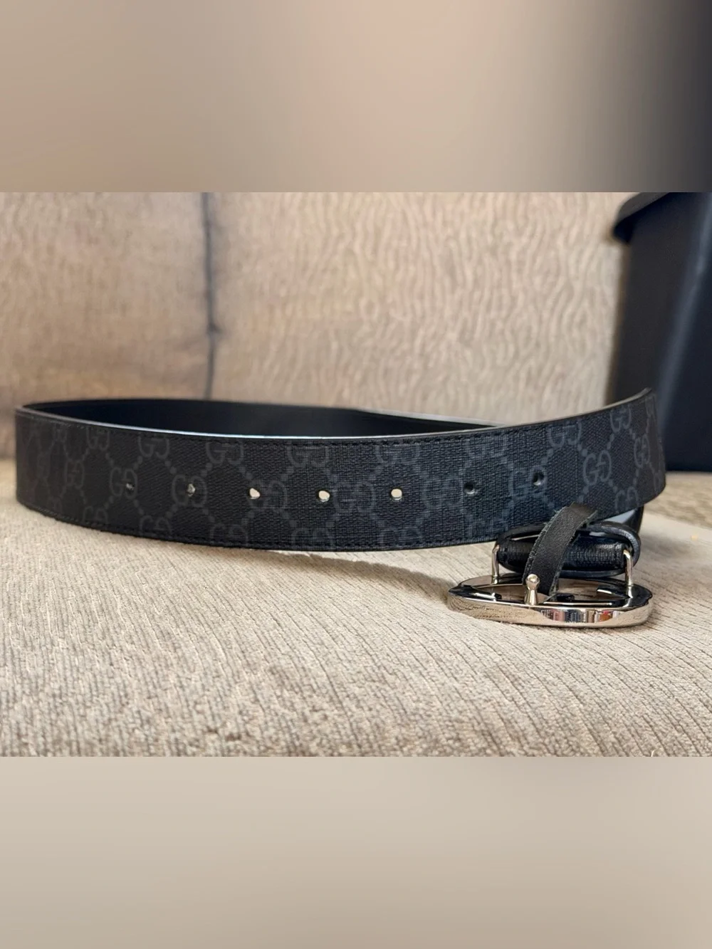 Gucci Black Monogram Leather Belt with Silver Interlocking G Buckle
